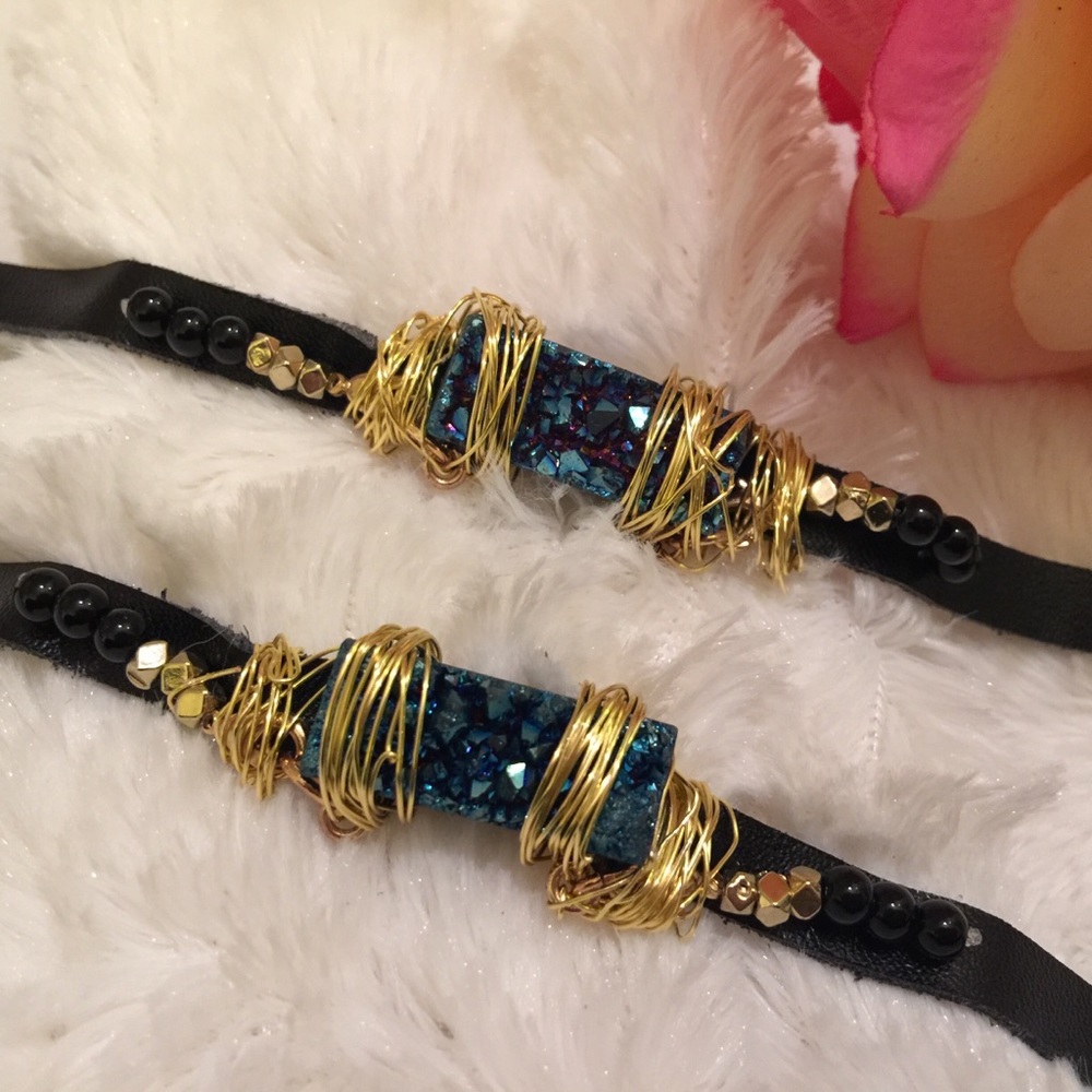 Matching leather wrap bracelets with geode stone